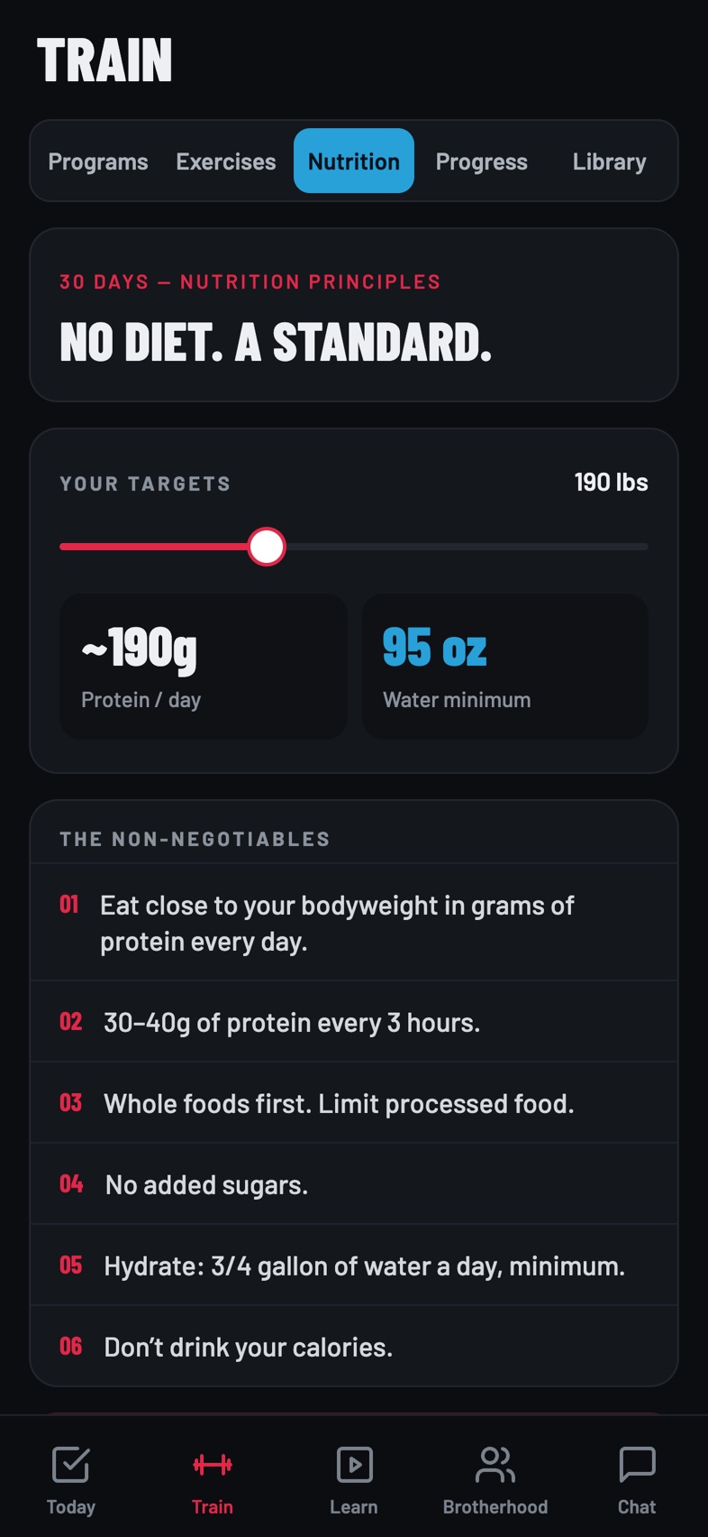 The Command Project app, Nutrition screen with protein and water targets