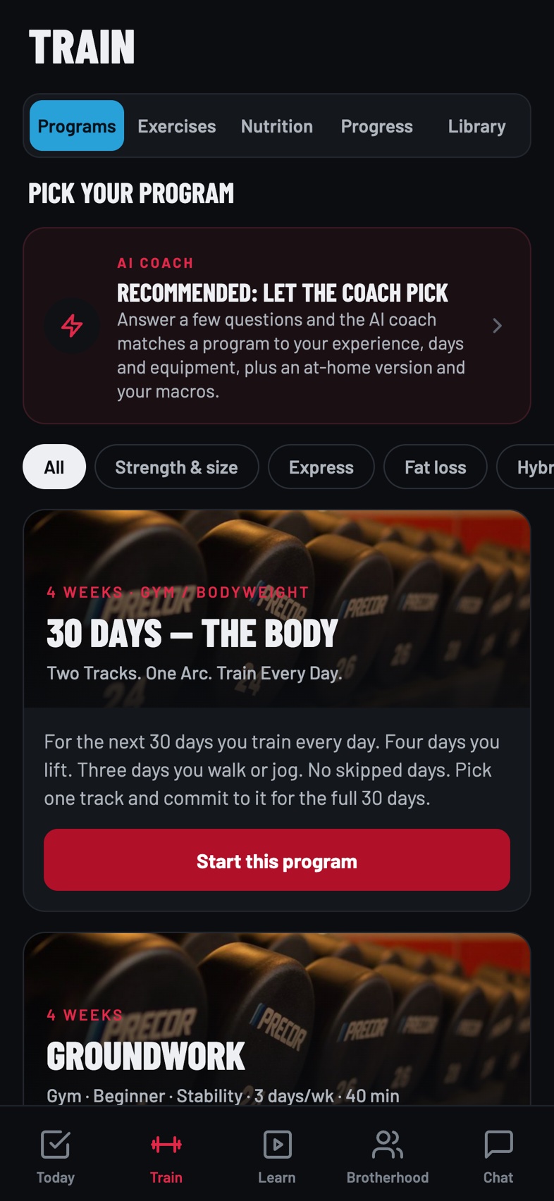 The Command Project app, Train screen with the program library